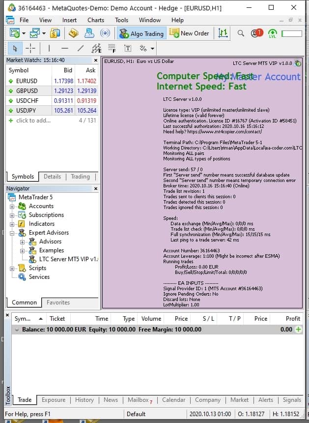  When the Server EA starts working, it will occupy the chart. It means you should not use that chart for anything else, just this trade copier EA. You can always open additional chart windows for your trading or running other Expert Advisors.