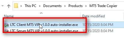 Installing MT5 Trade Copier on the client account   On the MT5 account that you want to act as a client (receiver), you need to install the Client EA component of the MT5 Trade Copier. To do that, you need to launch the setup file LTC Client MT5 VIP auto-installer.exe.