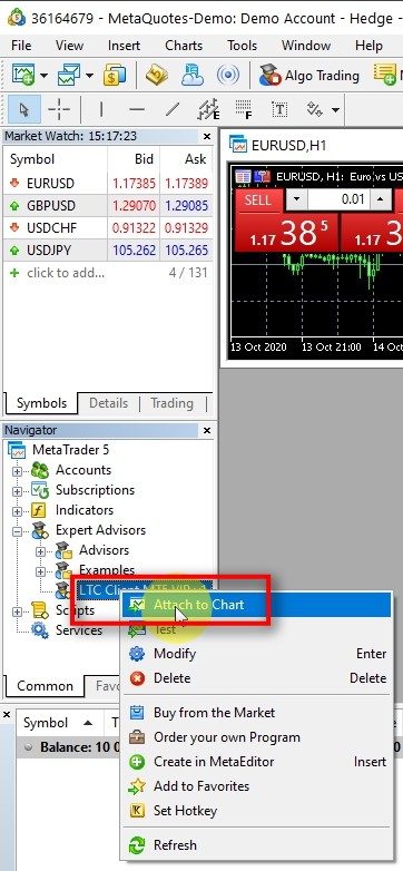  Once you see the Client EA MT5 on the list in your NAVIGATOR window, it means it is ready to use. Right-click on it and choose Attach to Chart. It will run the EA on the currently open chart window. In my case, it happens to be a EURUSD 1-hour chart, as seen in the picture above. If you do not have any chart open first, you need to open one from the top menu File - Open new chart. It does not matter what chart window you'll open, but I always recommend EURUSD of any timeframe. Another convenient way to start the Client EA is to double click on it or drag-drop it to your preferred chart window.