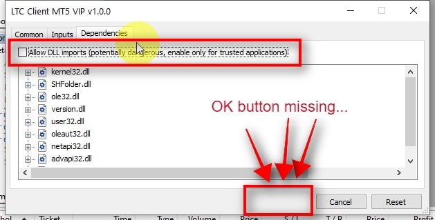    For demonstration purposes, I have made a mistake on purpose and did not set proper configurations in the OPTIONS window of the client's MT5 terminal. Thus, the Client EA does not have an OK button, and I cannot start using it. You can see it shows me Allow DLL imports is not enabled as well. So let's close this Client EA MT5 window now and fix MT5 terminal settings now.