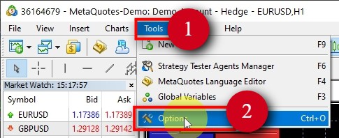    So before we start using MT5 Trade Copier on this MT5 terminal, we need to do the same basic configuration again. From the top menu, open Tools-Options.