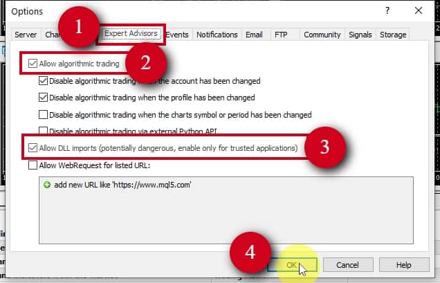  In the OPTIONS window, switch to the EXPERT ADVISORS tab and turn on these two functions: 1) Enable Allow algorithmic trading. 2) Enable Allow DLL imports. Note that MT5 trade copier software uses our custom-made DLL library to exchange trade information between MT5 trading accounts that you are running on the same computer. In other words, the MT5 copier software needs this so that it can work. Once set, click OK to confirm the changes. 