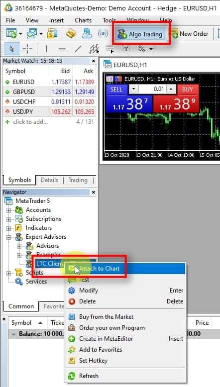  Now we are ready to start the Client EA MT5. You can now see the Algo Trading button is green in the top toolbar. It is because we have just enabled this in the OPTIONS window. Right-click on it and choose Attach to Chart.