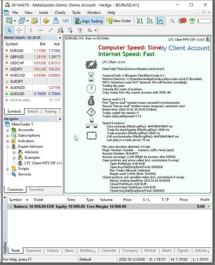  When the Client EA starts working, it will occupy the chart. It means you should not use that chart for anything else, just this trade copier EA. You can always open additional chart windows for your trading or running other Expert Advisors. For the MT5 trading accounts where you are running Client EA, I recommend you (If you are a beginner) to not run any additional EA and do not do any other trading (unless you understand what you are doing).