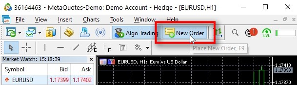  To open a trade, I click on the New Order button at the top of the MT5 window. It will open a New Order window for the currently active chart window, which happens to be EURUSD in this case.