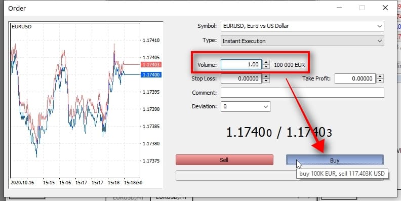  I choose the trade size of 1 lot and click on the BUY button to open a BUY trade. Note that in this window, I can also choose another symbol for trading. In my example, it is EURUSD, but you can select any symbol that's available with your broker.