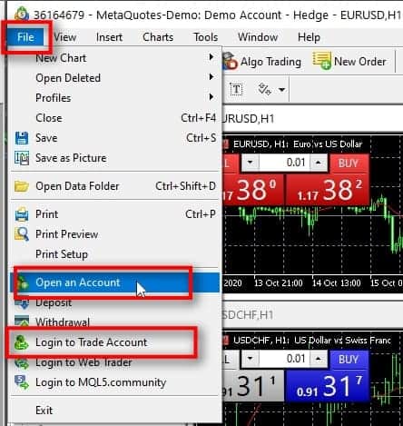  When you are using MT5 software from their official website, note that it does not belong to any broker. MetaQuotes is not a broker, only MetaTrader 5 software provider. But they allow everyone to use their platform with a demo account for practicing trading or testing other trading software. They may also instantly open a demo MT5 account for you automatically to make the process easier. But in case you are not logged into the trading account automatically, open a demo account yourself through the top menu by going to File - Open an Account. In my case, a demo MT5 account was already prepared and logged in automatically. I will use this MT5 account as a master account. When you choose your MT5 account to act as a master, it means you will be copying trades FROM this account to other accounts. If you already have an MT5 account from your broker (live or demo) and want to use it as a master account, then you can log into that account now through the top menu by going to File - Login to Trade Account.