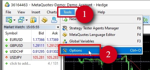  Before we start using MT5 Trade Copier, we need to do some basic configuration for the MT5 terminal. From the top menu, open Tools-Options.