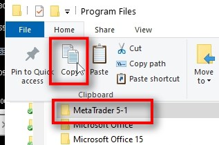    The fastest and easiest installation of an additional MT5 terminal is to copy the existing MT5 terminal installation folder into the new folder. When I did install the first MT5 terminal, I chose to install it into the C:\Program Files\Metatrader 5-1. So I open the C:\Program Files\ folder, select the MetaTrader 5-1 folder, which is where I installed my first MT5 terminal, and choose COPY.