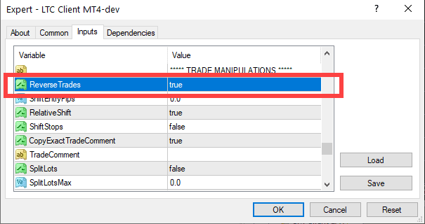 Reverse Trading parameter in the Client EA