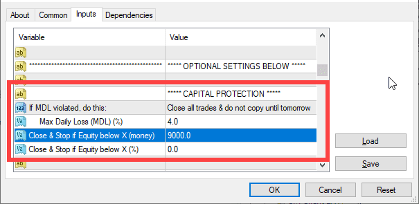 Capital Protection settings section