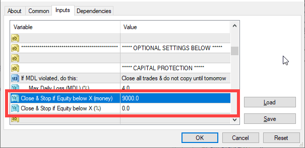 Close & Stop if Equity below X functions