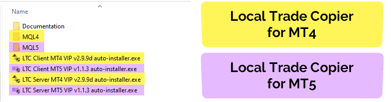 Installation files for both Metatrader 4 and 5 inside the same Local Trade Copier package.