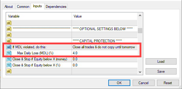 Max Daily Loss settings in the Client EA