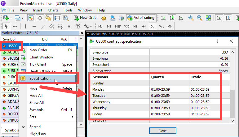 Market hours for the S&P500 instrument in the Specification window on MT4