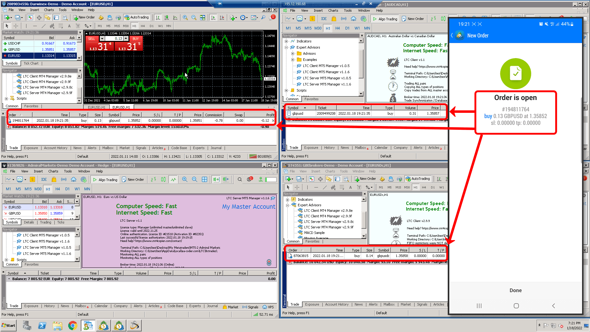 Trade copied from MT4 Mobile App to other accounts on VPS