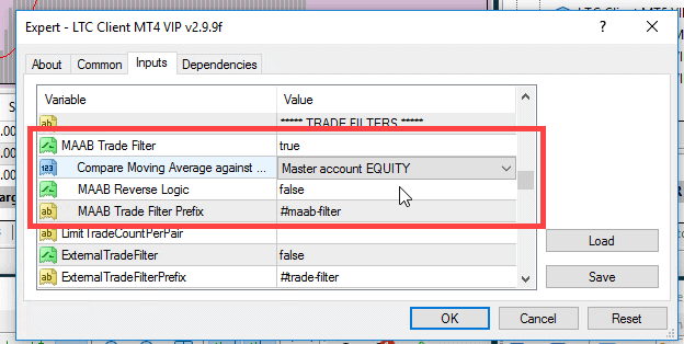 Setting up the Client EA on the Metatrader 4 to use the MAAB Trade Filter