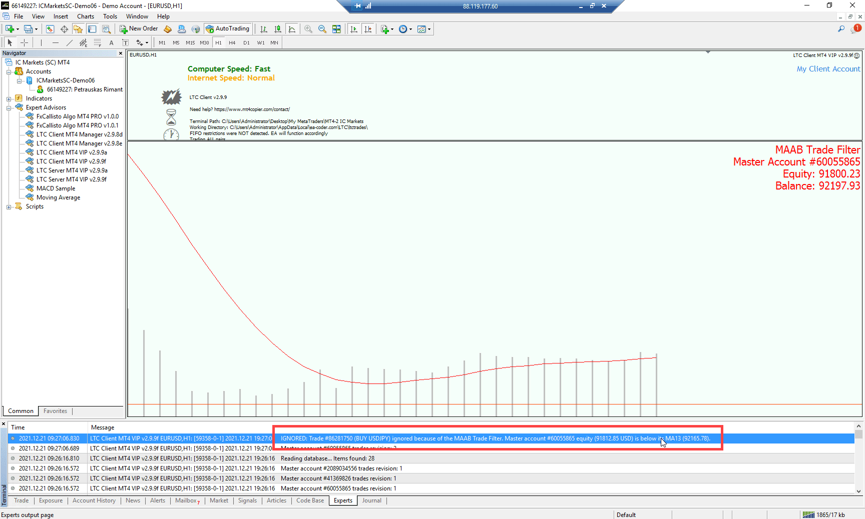 Ignored trade BUY USDJPY because of the MAAB Trade Filter. Master account equity below MA13.