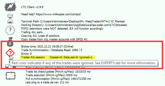 Ignored trades counter on the Client EA dashboard