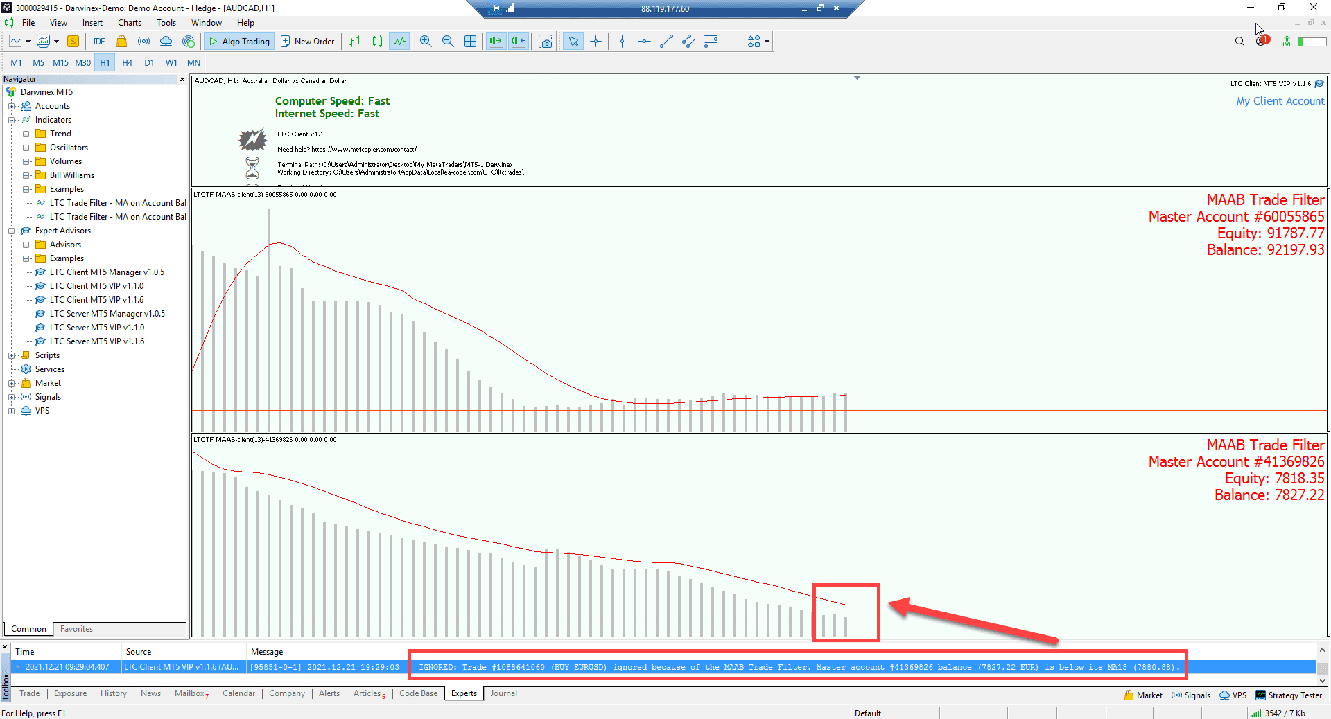EURUSD trade filtered out by MAAB Trade Filter because Master account balance is below MA13.