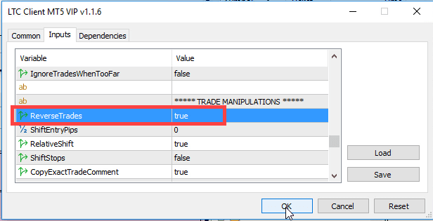 Enabling Reverse Trading mode in the Client EA