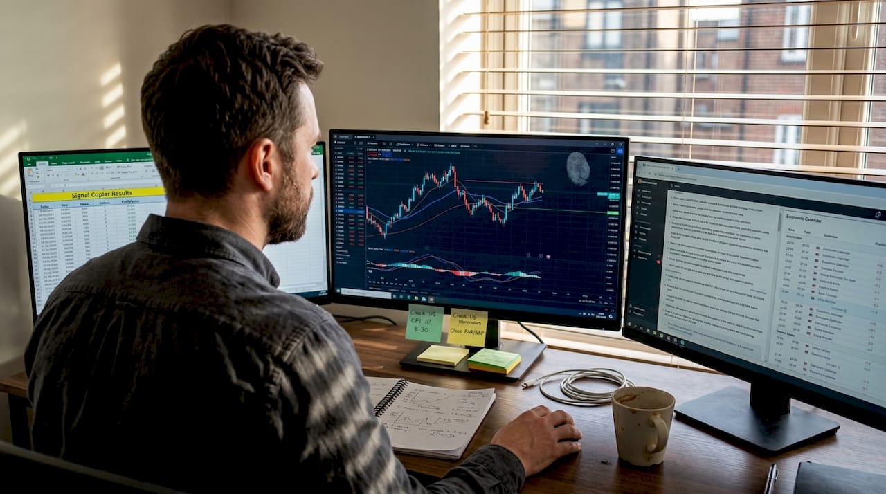 Forex trader using signal copying software at desk