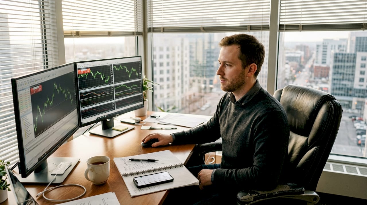 Prop firm trader at MT4 workstation downtown