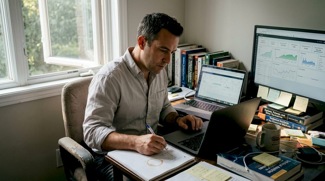 Prop trader managing trading accounts in home office