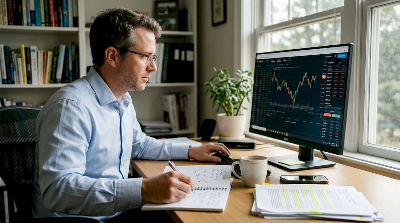 Man reviewing forex copy trades at desk