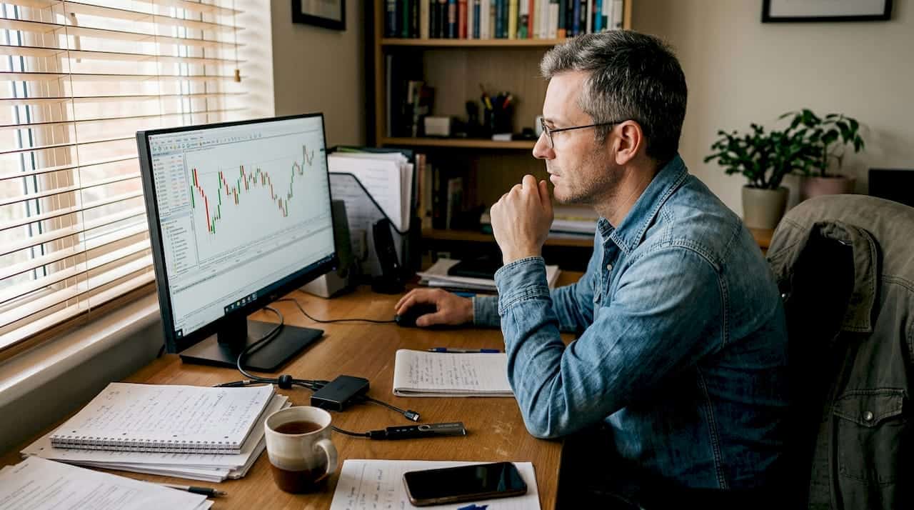 Man working on MetaTrader forex automation at desk