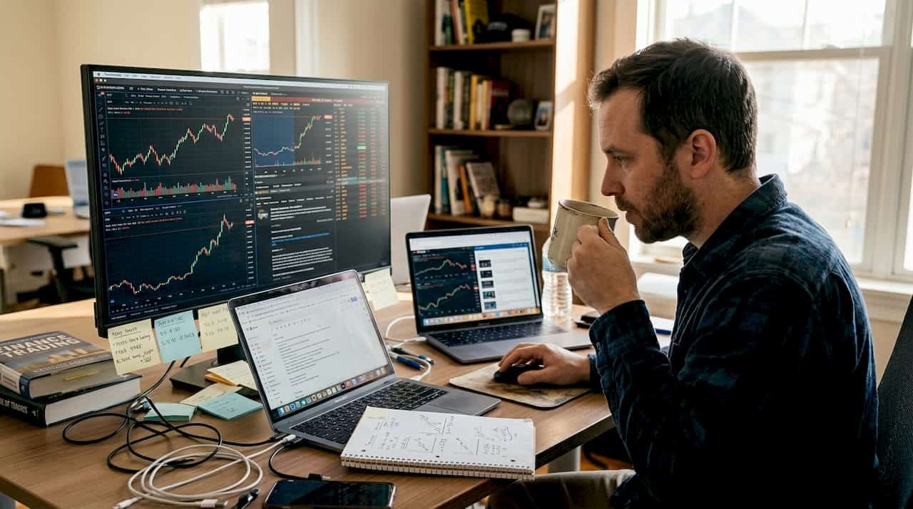 Trader managing several accounts at home office