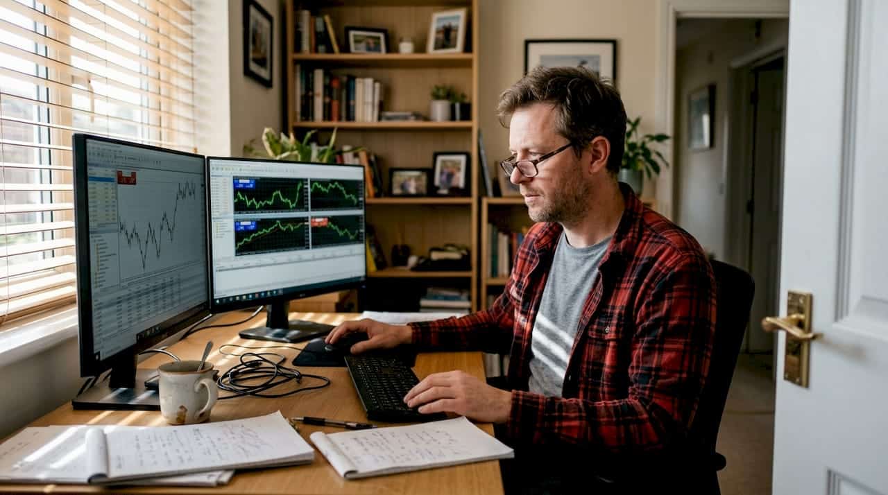 Trader manages automated forex workflow at desk