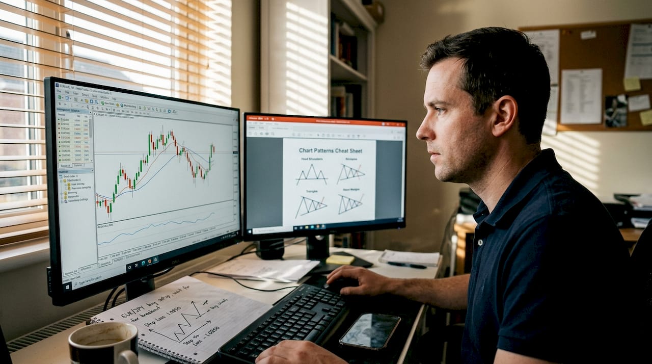 Trader analyzes chart patterns in home office