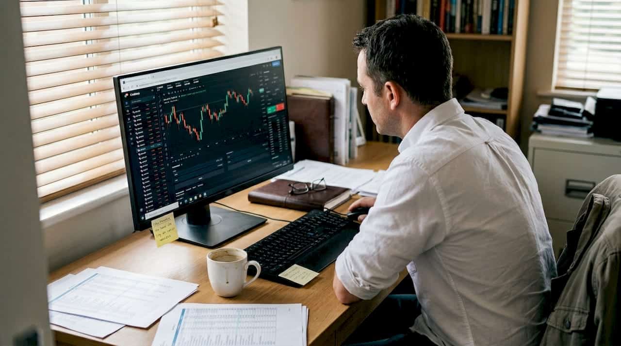 Man tracking forex trades at home office desk
