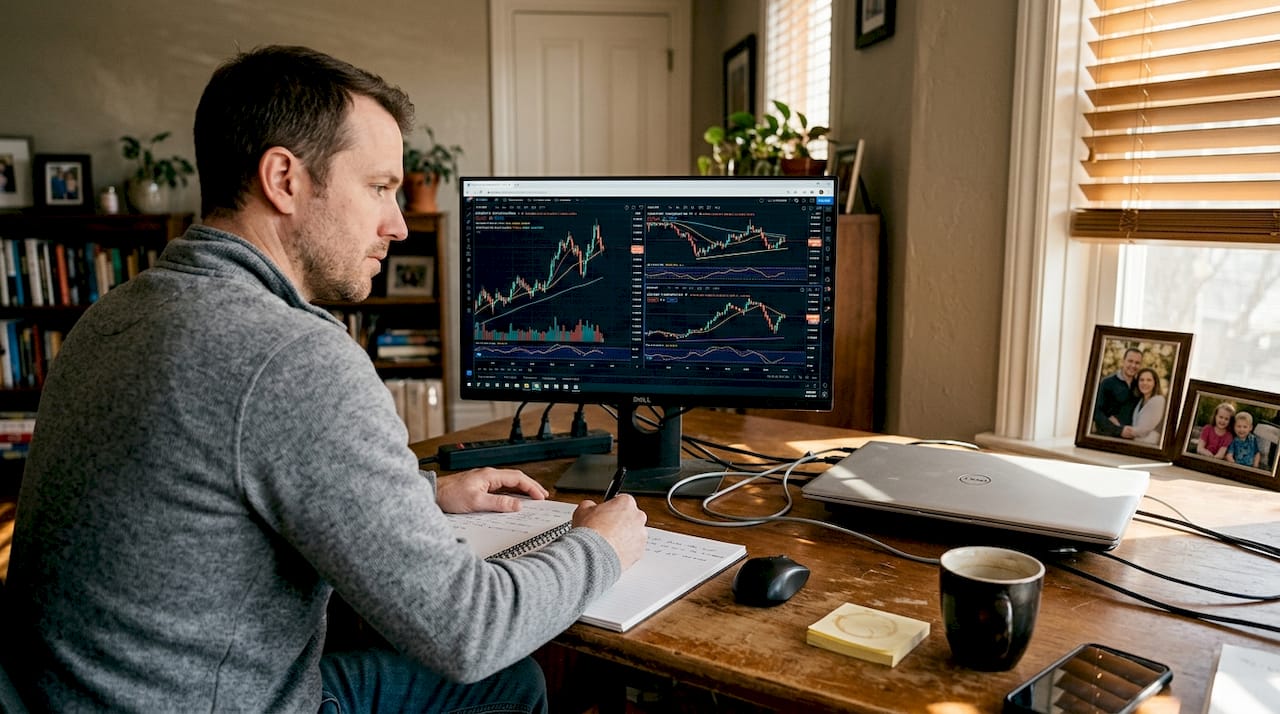 Forex trader working at home desk with charts