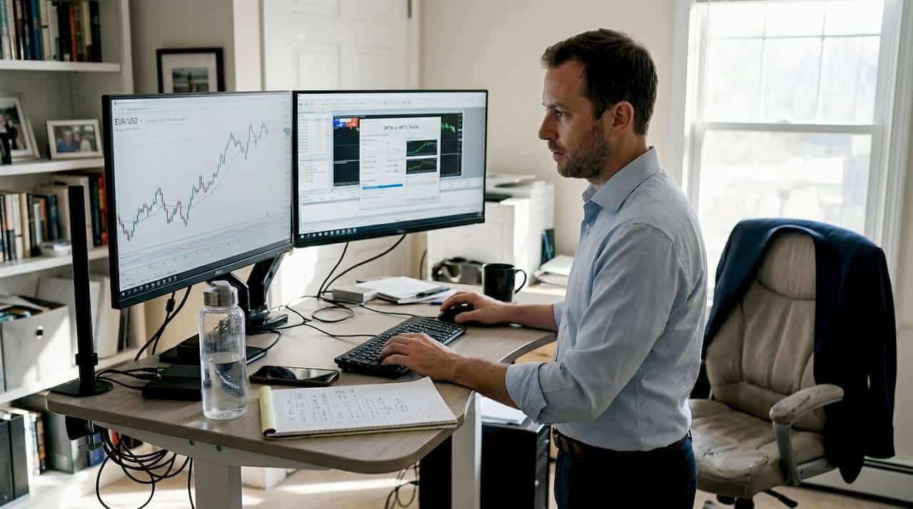 Forex trader at dual monitors in home office