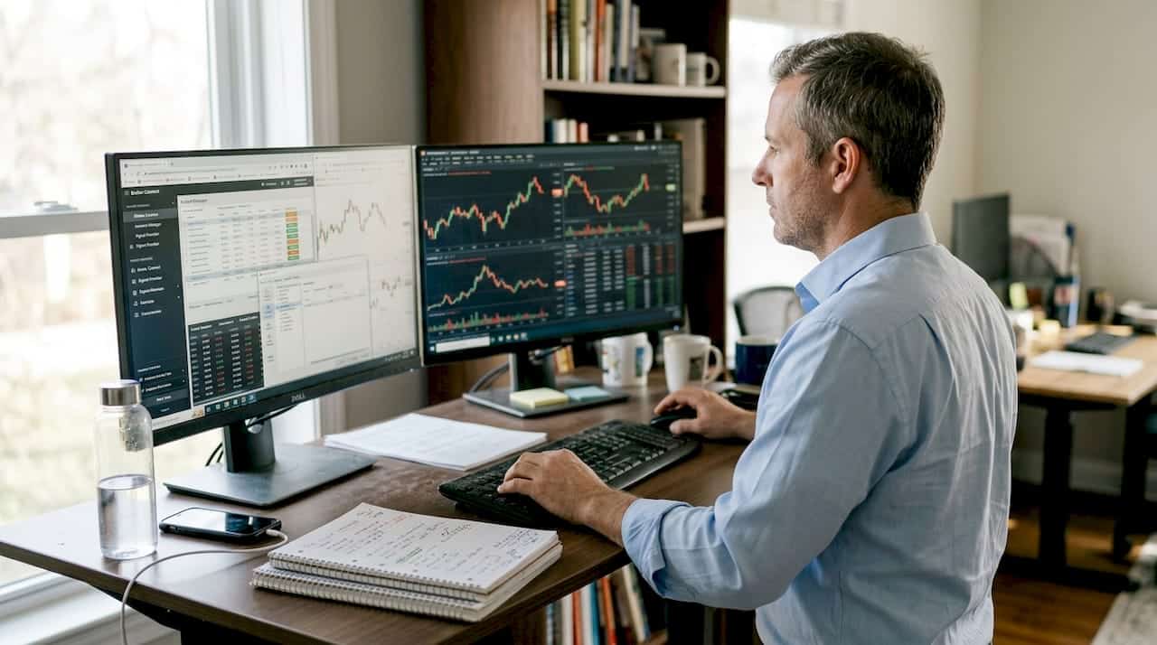 Professional manages trade copier platforms workspace