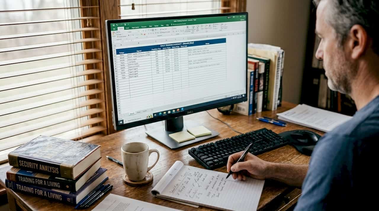 Trader checking checklist in home office