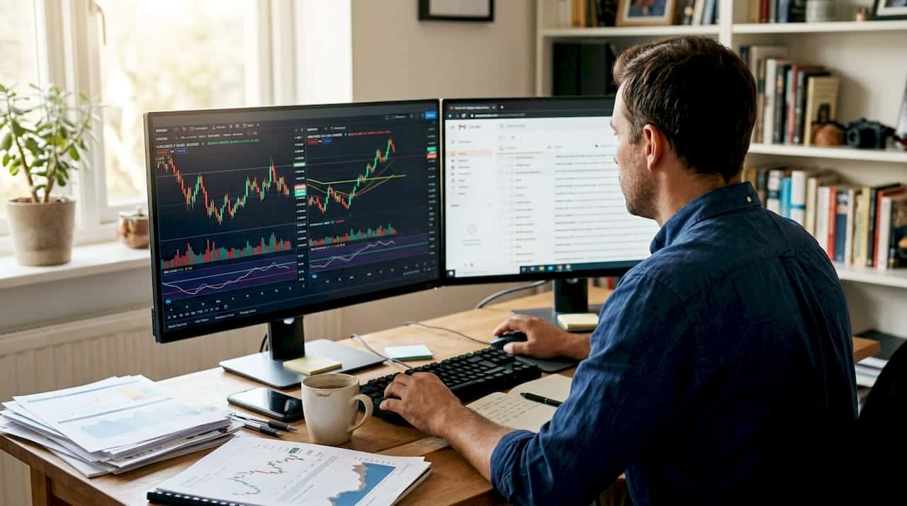 Trader reviewing forex charts at home desk