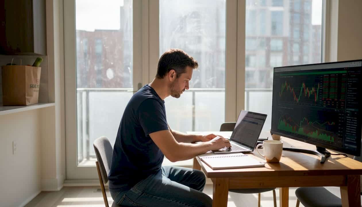 Man using copy trading software at home workspace