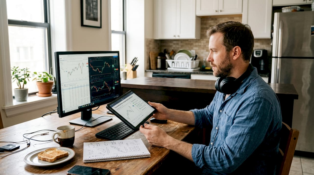 Man comparing forex platforms at home workspace