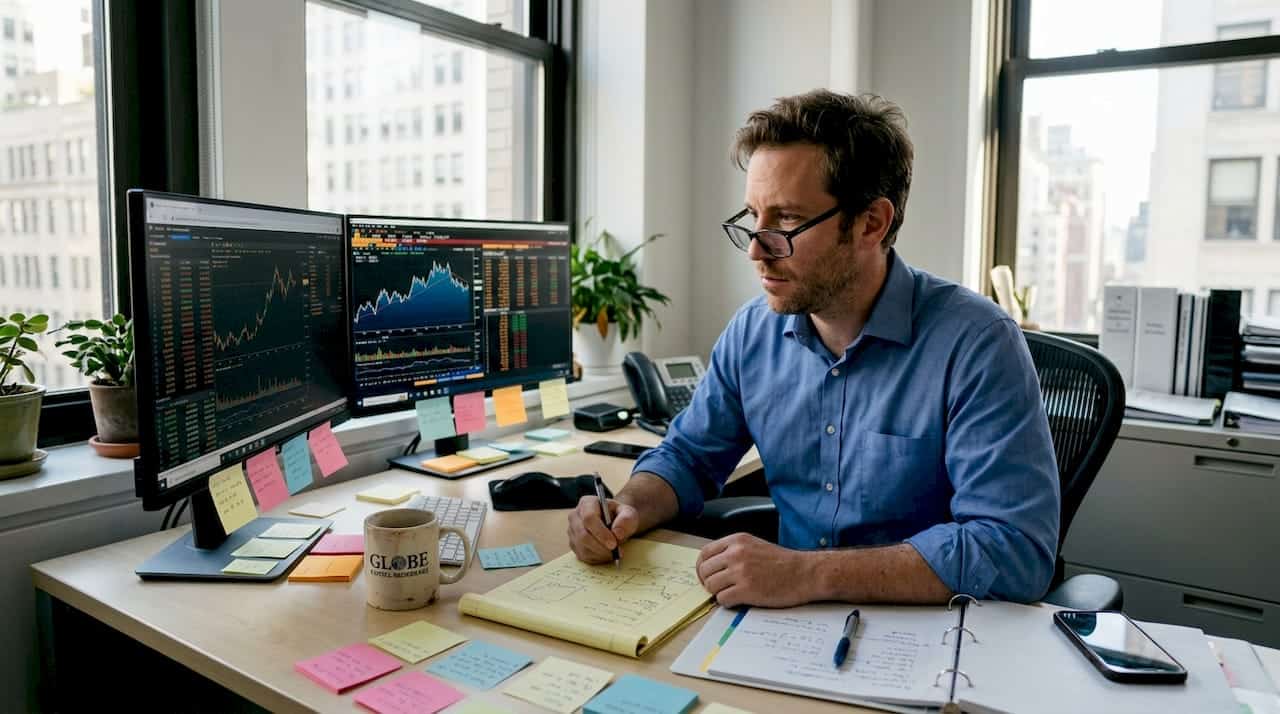 Analyst monitoring automated CFD trades in office