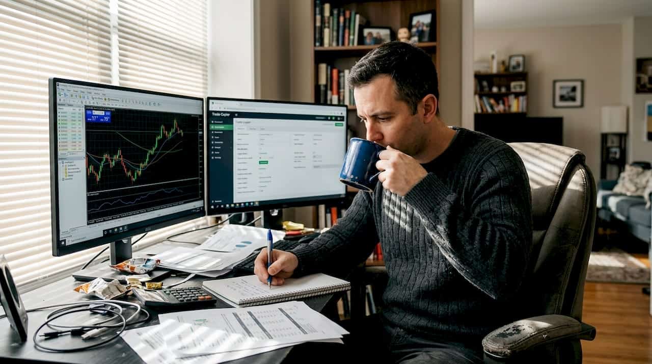Trader using forex copier software at home desk