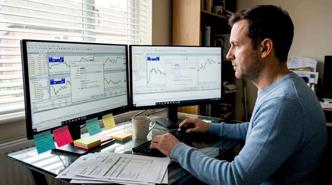 Trader adjusting copier settings on dual monitors