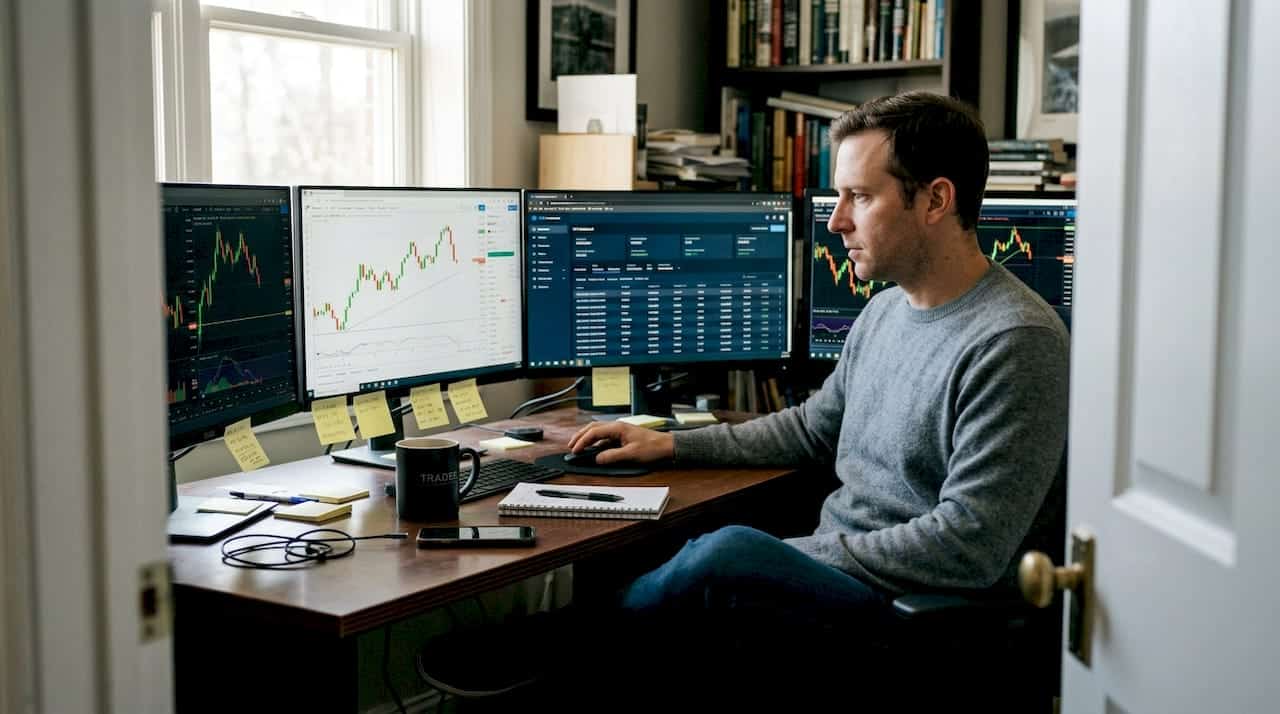 Trader at desk with forex charts and VPS