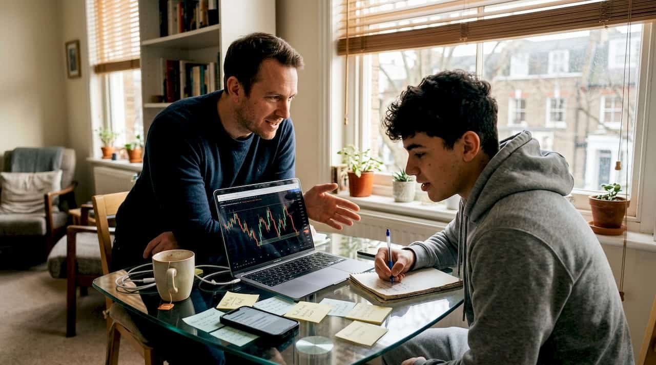 Forex coach and trader discussing at apartment table