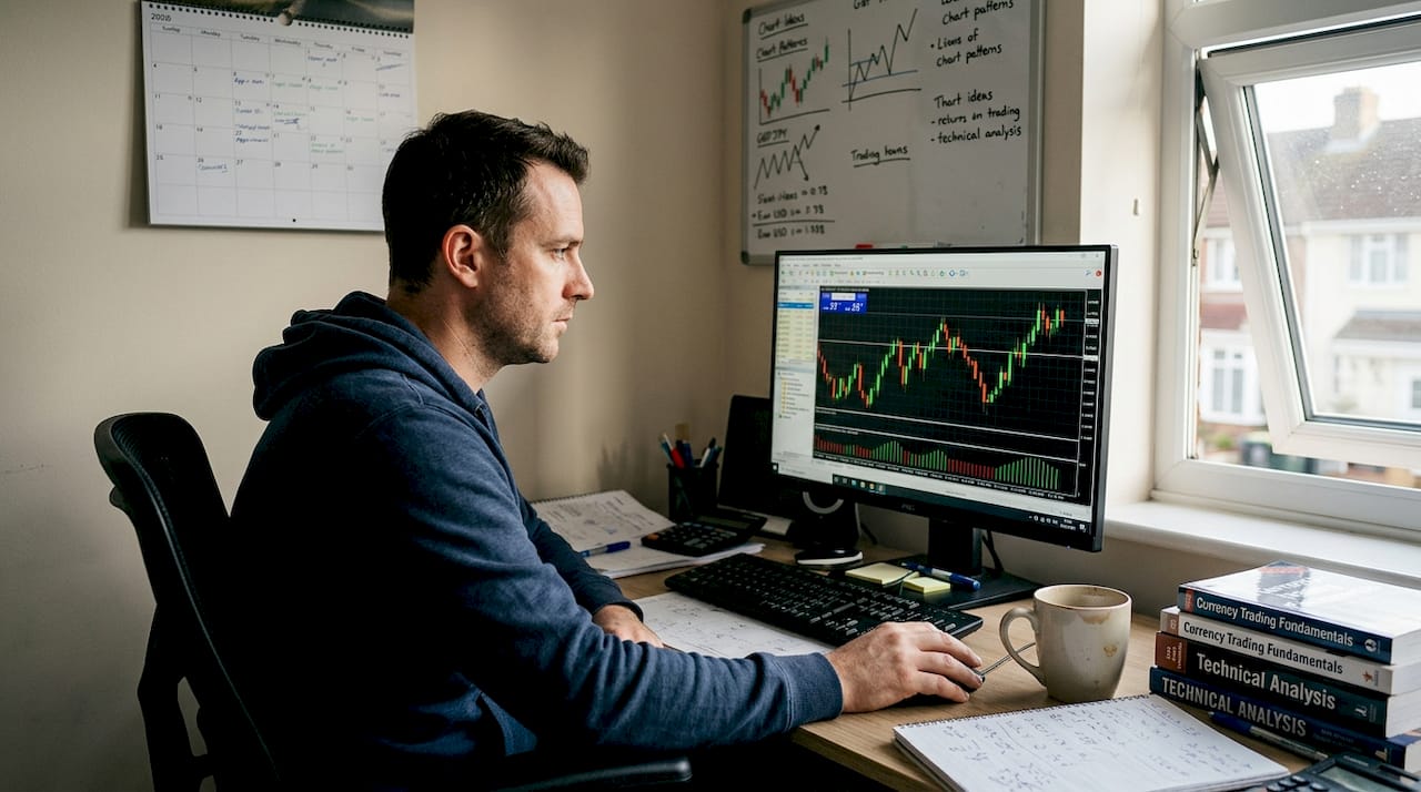 Trader monitoring forex charts in home office