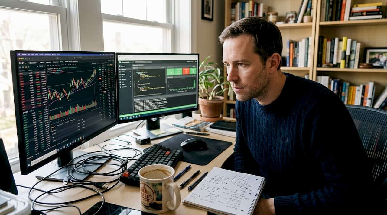 Trader managing accounts in home office