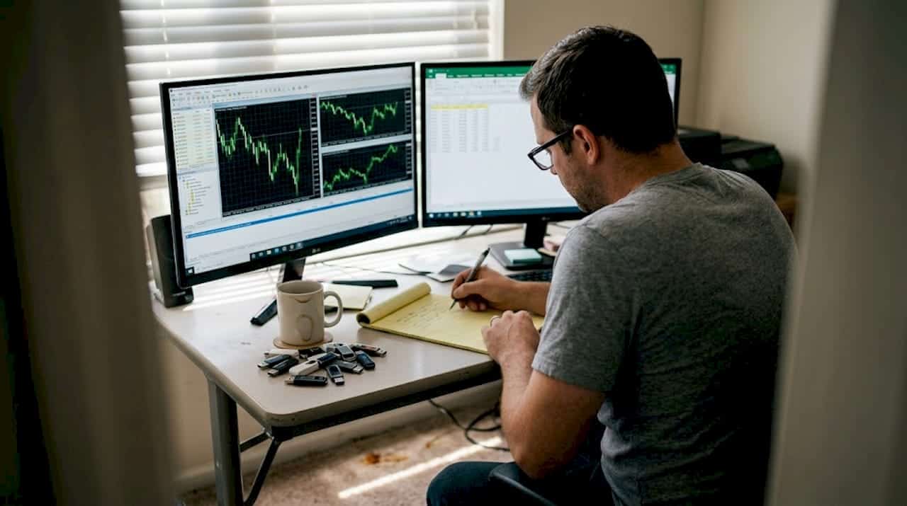 Trader monitoring MetaTrader charts at home desk