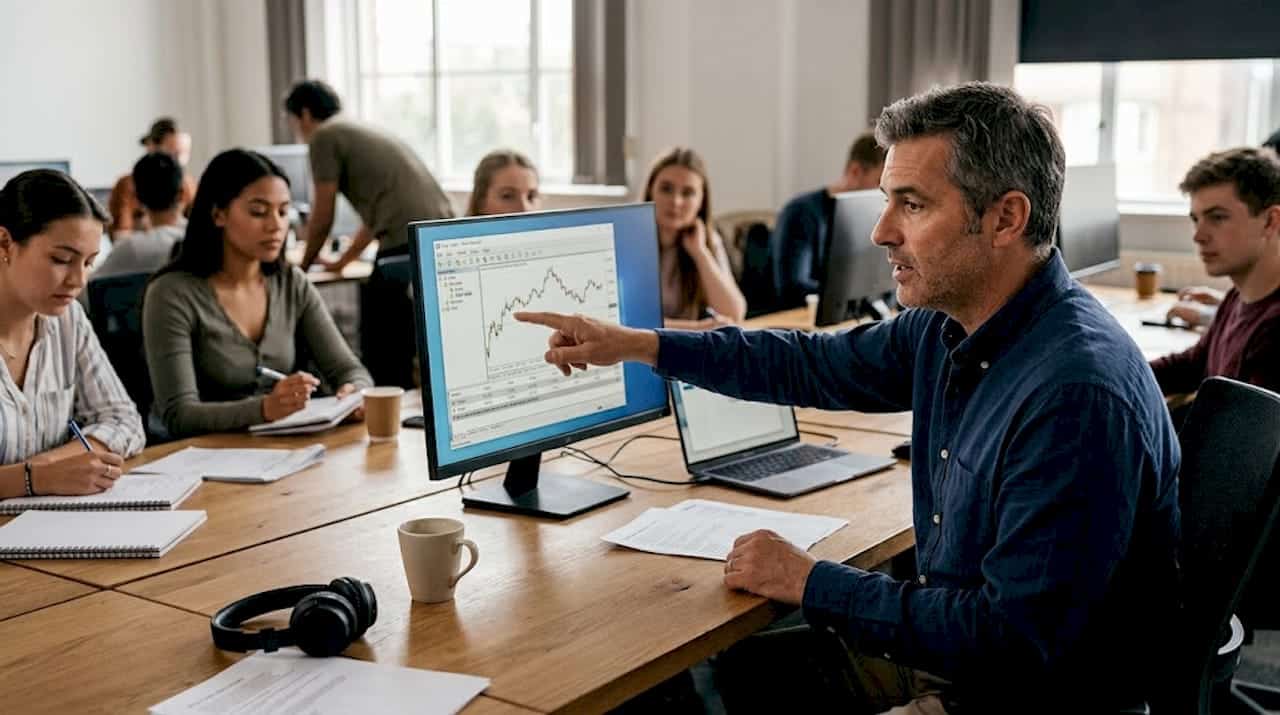 Educator demonstrating live forex trading copier